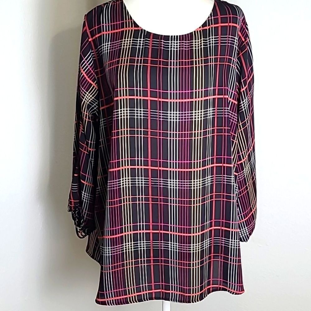 Cato Black Blouse with Red & White Lines & Cut-outs on the Sleeves,  Size 18/20W